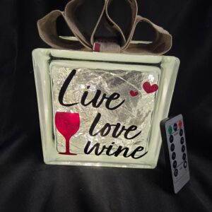 6x6" Live Love Wine Tan Ribbon - Coffee & Wine Decoration | Unique Home Gift | Lighted Glass Block