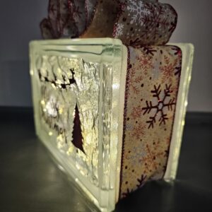 6x8" Merry Christmas w/ Warm White Lights - Tan w/ Red White Snowflake Ribbon - Lighted Glass Block Christmas Decoration | Unique Christmas Gift