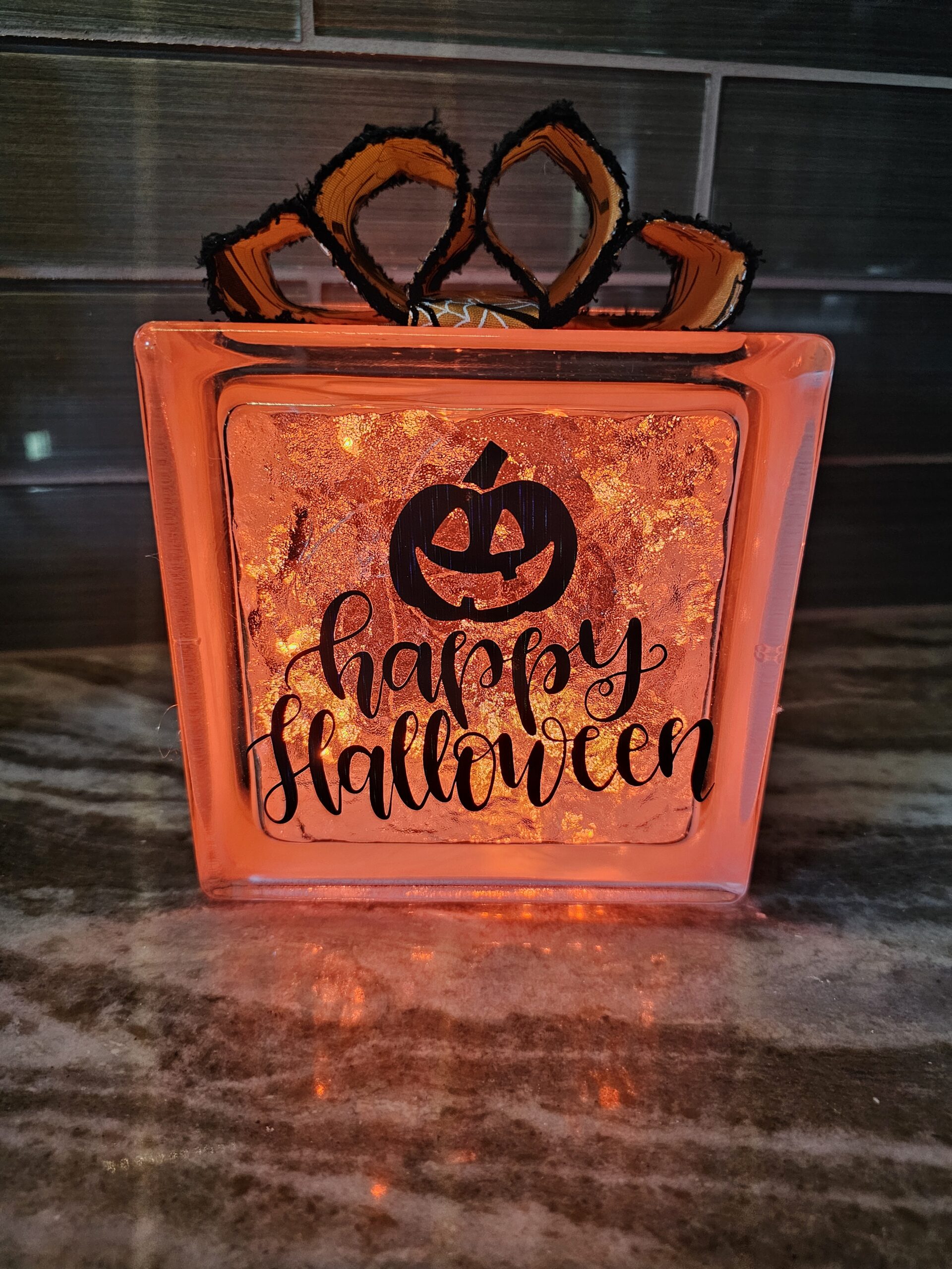 6x6" Pumpkin Happy Halloween - Halloween Holiday Decoration | Unique Lighted Glass Block Gift - Image 2
