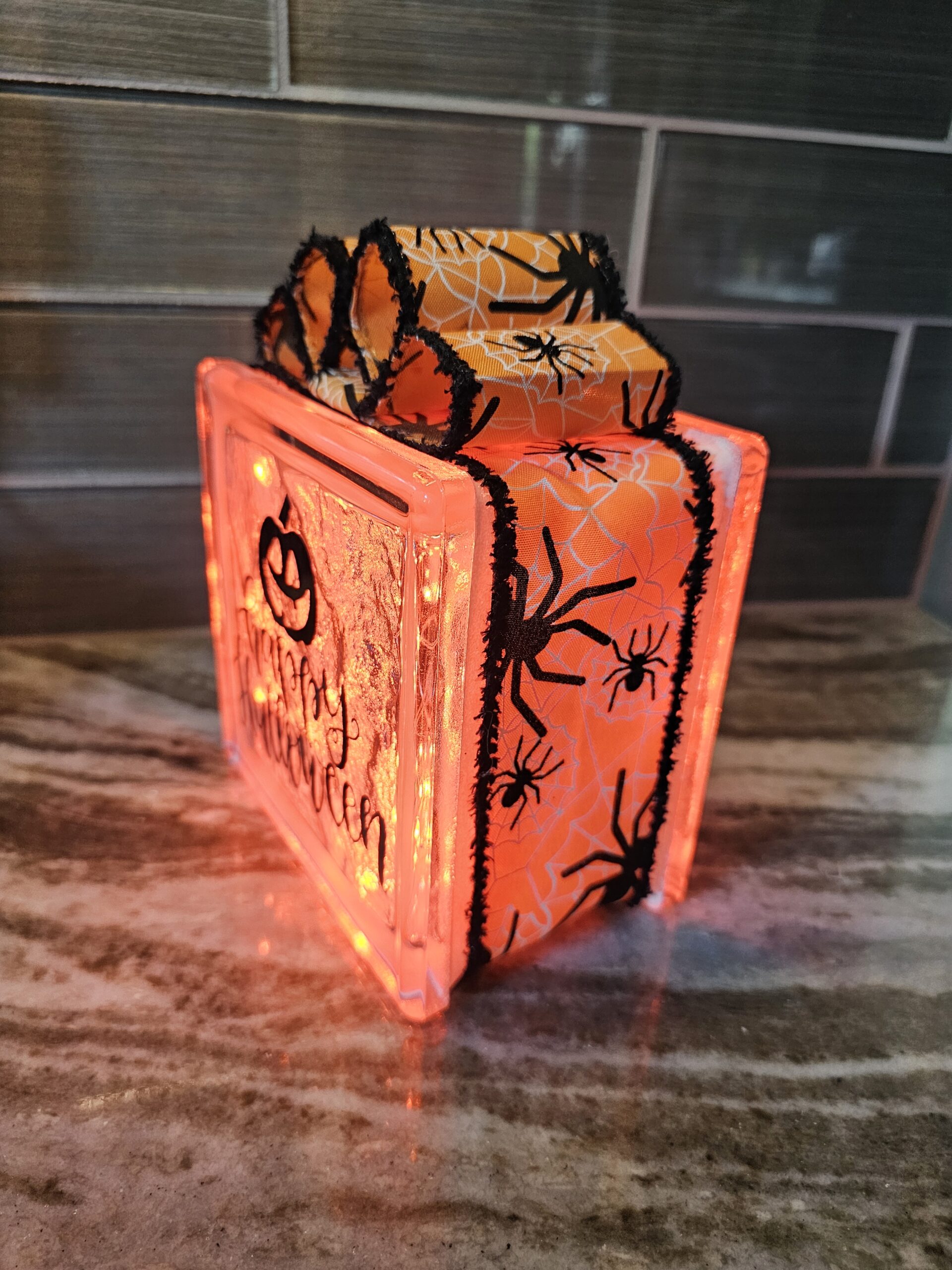 6x6" Pumpkin Happy Halloween - Halloween Holiday Decoration | Unique Lighted Glass Block Gift