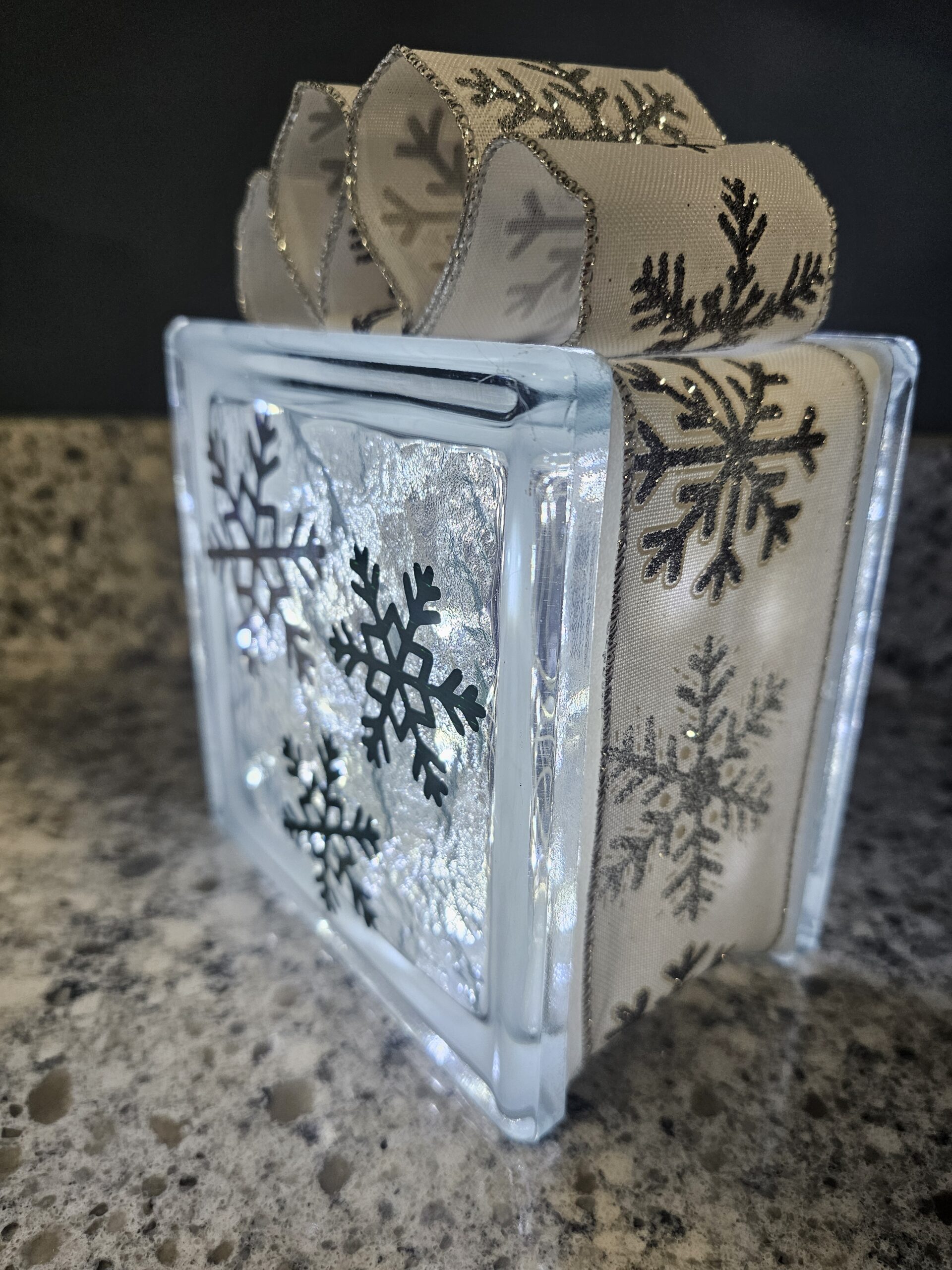 6x6" Snowflakes (Black & Silver) w/ Cool White Lights - White w/ Black & White Snowflake Ribbon - Lighted Glass Block Christmas Decoration | Unique Christmas Gift - Image 2