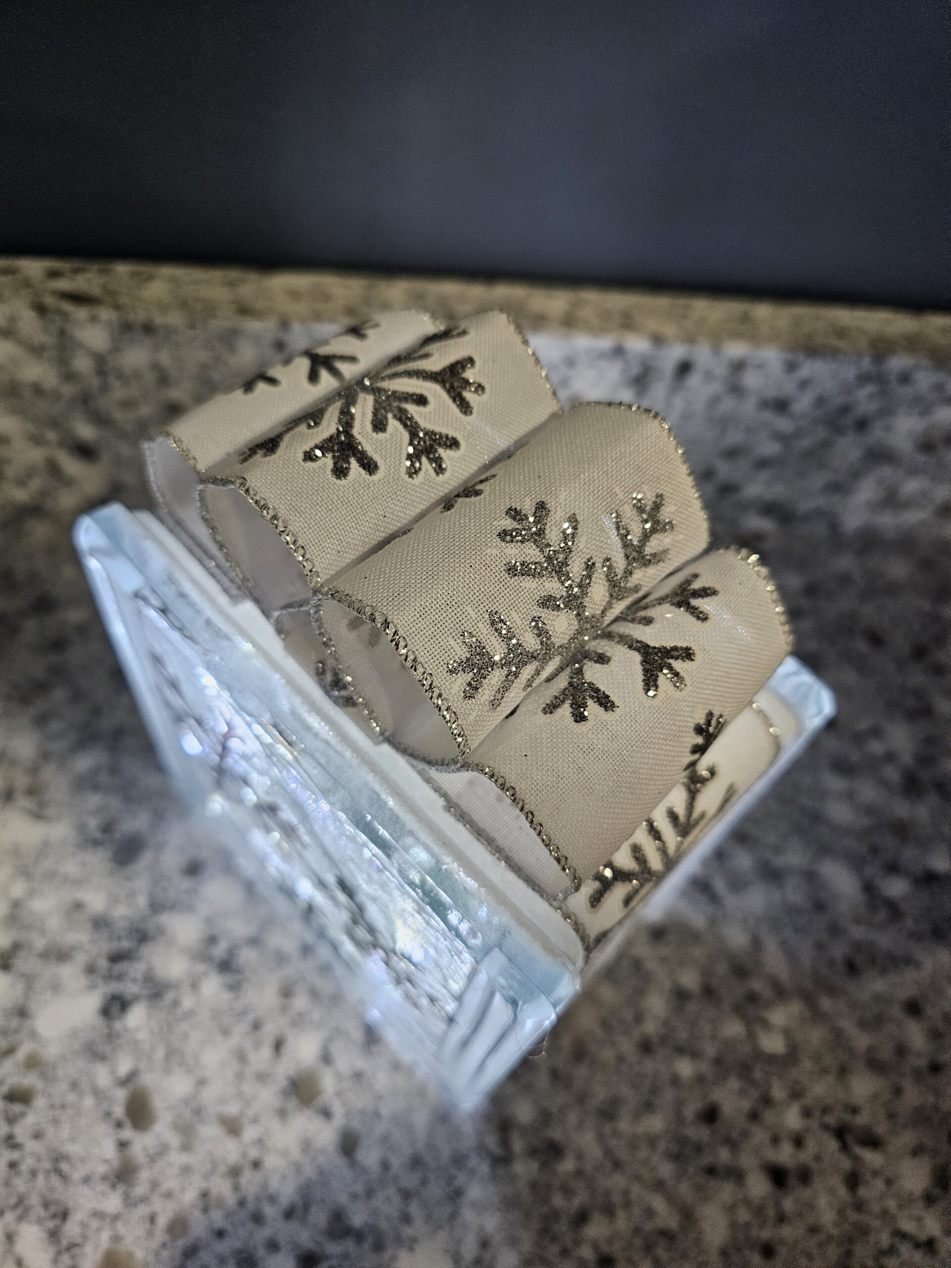 6x6" Snowflakes (Black & Silver) w/ Cool White Lights - White w/ Black & White Snowflake Ribbon - Lighted Glass Block Christmas Decoration | Unique Christmas Gift - Image 3