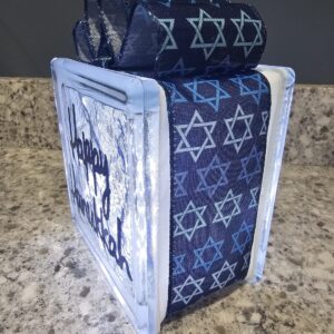 6x6" Happy Hanukkah w/ Cool White Lights - Blue w/ Blue Hanukkah Ribbon - Religious Jewish Decoration | Hanukkah Gift | Lighted Glass Block
