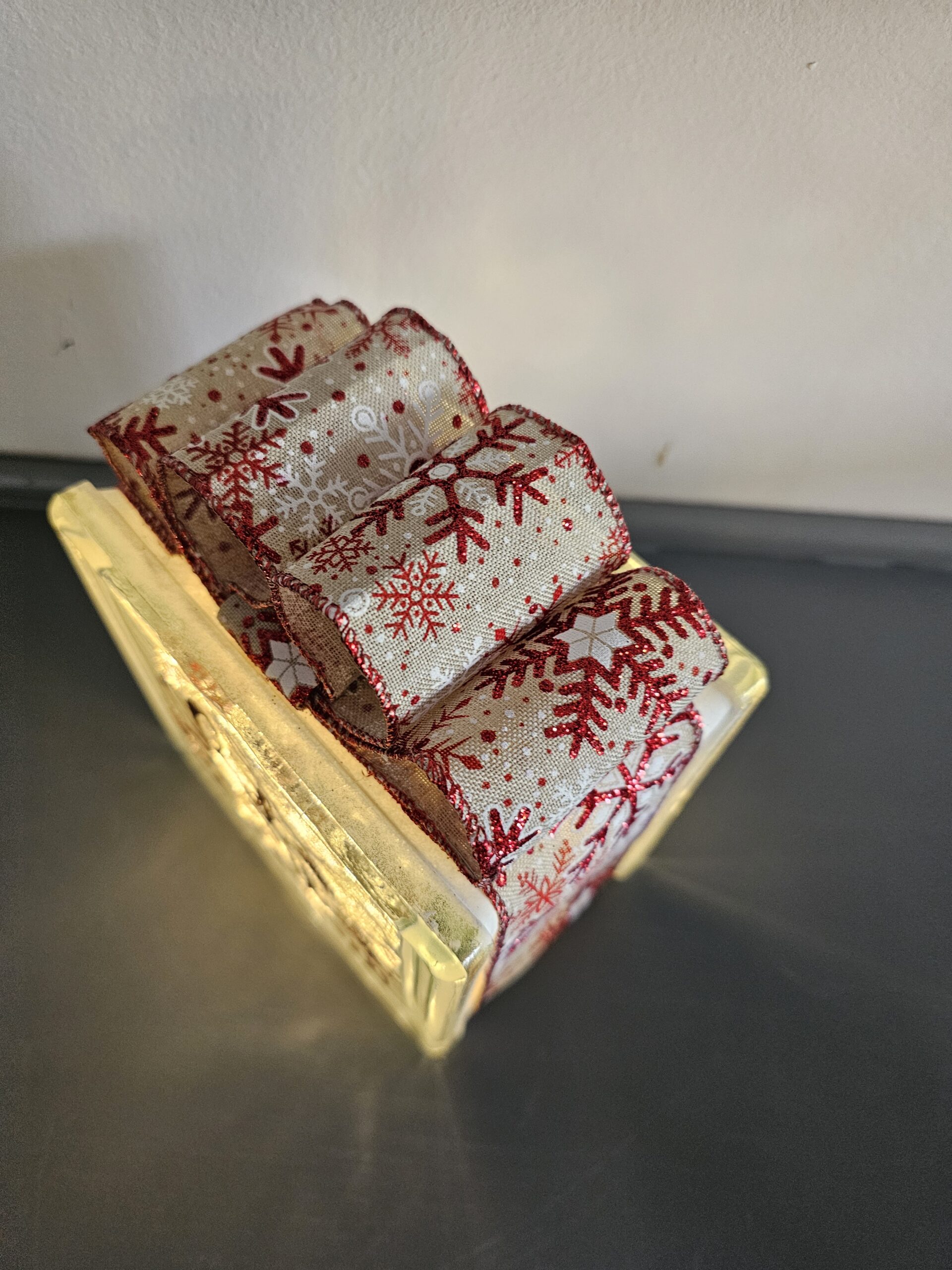 6x6" Let it Snow - Tan w/ Red White Snowflake Ribbon - Lighted Glass Block Christmas Decoration | Unique Christmas Gift - Image 2