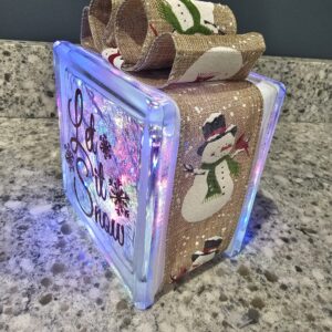 6x6" Let it Snow - Tan w/ White Snowmen Ribbon - Lighted Glass Block Christmas Decoration | Unique Christmas Gift