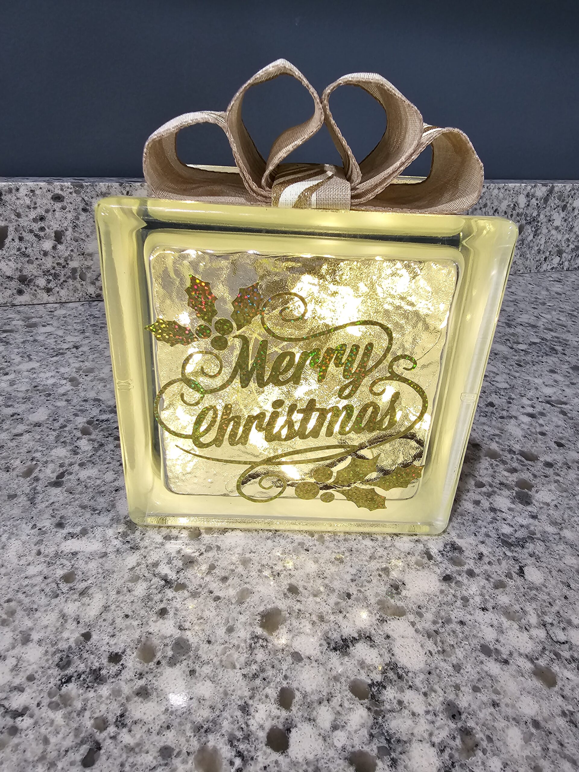 6x6" Merry Christmas w/ Warm White Lights - Cream w/ Gold Christmas Bulb Ribbon - Lighted Glass Block Christmas Decoration | Unique Christmas Gift - Image 2