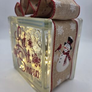 6x6" Let it Snow - Tan w/ White Snowmen and Cardinal Ribbon - Lighted Glass Block Christmas Decoration | Unique Christmas Gift