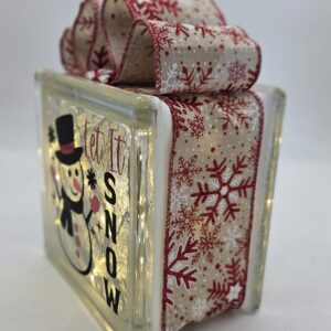 6x6" Let it Snow with Snowman Red Mittens - Tan w/ Red and White Snowflake Ribbon - Lighted Glass Block Christmas Decoration | Unique Christmas Gift