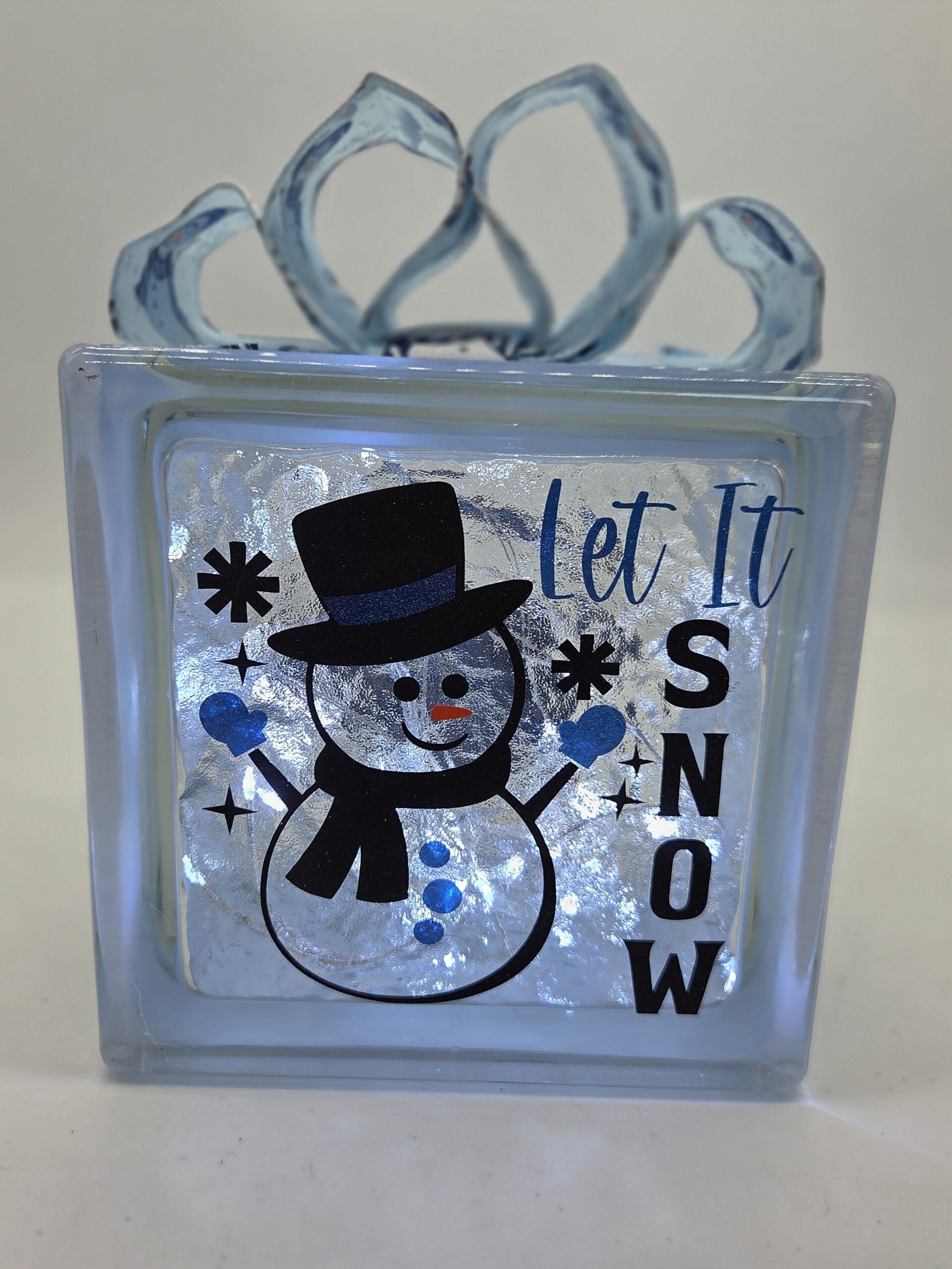 6x6" Let it Snow with Snowman Blue Mittens - Blue w/ Blue and White Snowman Ribbon - Lighted Glass Block Christmas Decoration | Unique Christmas Gift - Image 3