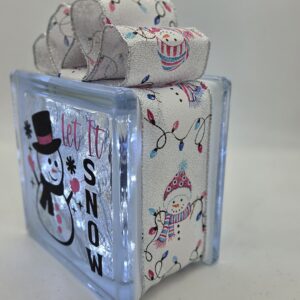 6x6" Let it Snow with Snowman Pink Mittens - White w/ Multi-Color Snowman Ribbon - Lighted Glass Block Christmas Decoration | Unique Christmas Gift