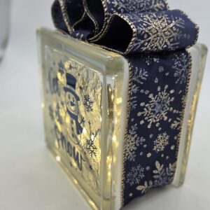 6x6" Let it Snow with Snowman - Navy Blue w/ Gold and Silver Glitter Snowflake Ribbon - Lighted Glass Block Christmas Decoration | Unique Christmas Gift