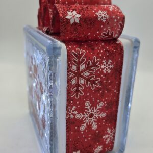 6x6" Let it Snow with Snowman - Red w/ Red and White Snowflake Ribbon - Lighted Glass Block Christmas Decoration | Unique Christmas Gift