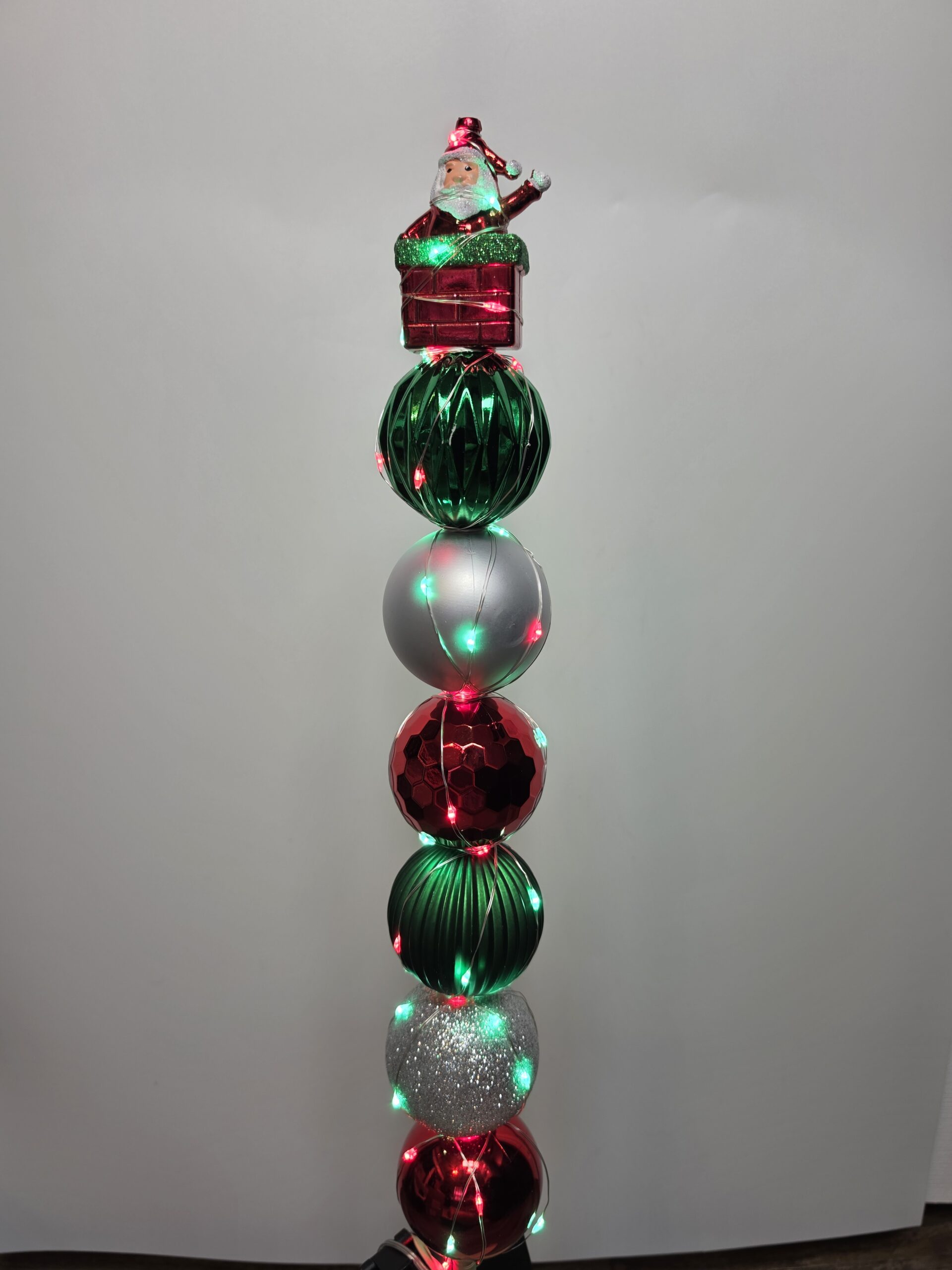 Small Bulb Dowel - red, green & silver bulbs with santa in chimney ornament topper - red & green color LED lights - Image 2