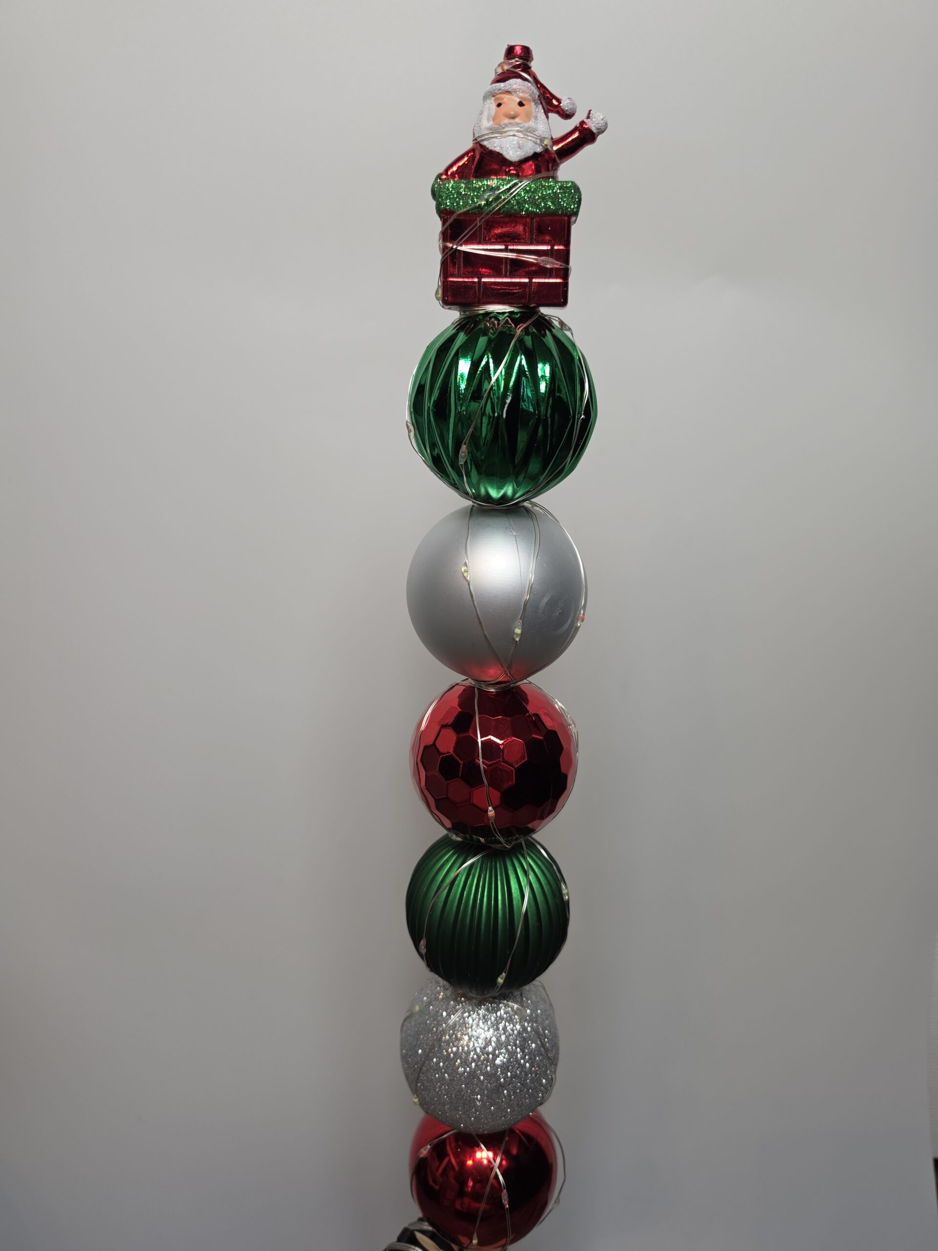 Small Bulb Dowel - red, green & silver bulbs with santa in chimney ornament topper - red & green color LED lights