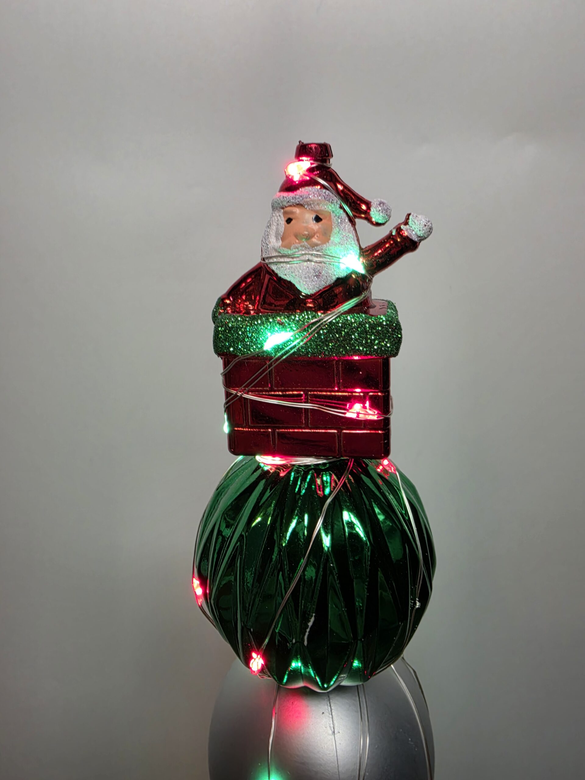 Small Bulb Dowel - red, green & silver bulbs with santa in chimney ornament topper - red & green color LED lights - Image 3