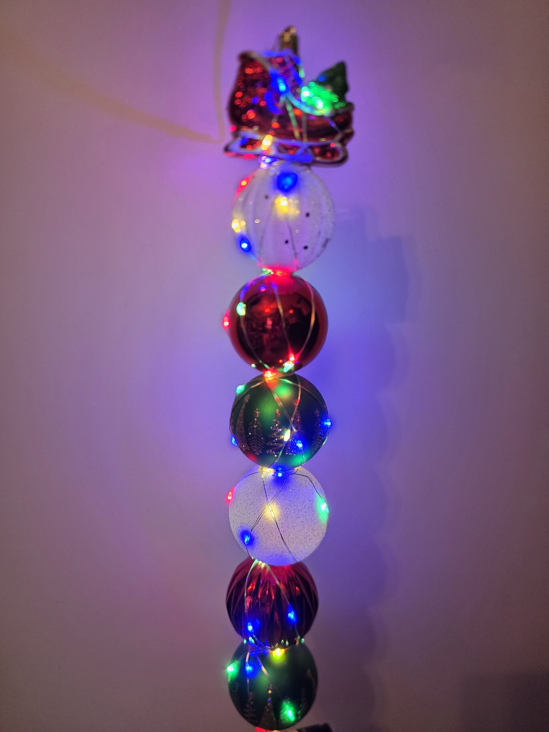 Small Bulb Dowel - red, green & white bulbs with santas sleigh ornament topper - multi-color LED lights - Image 2
