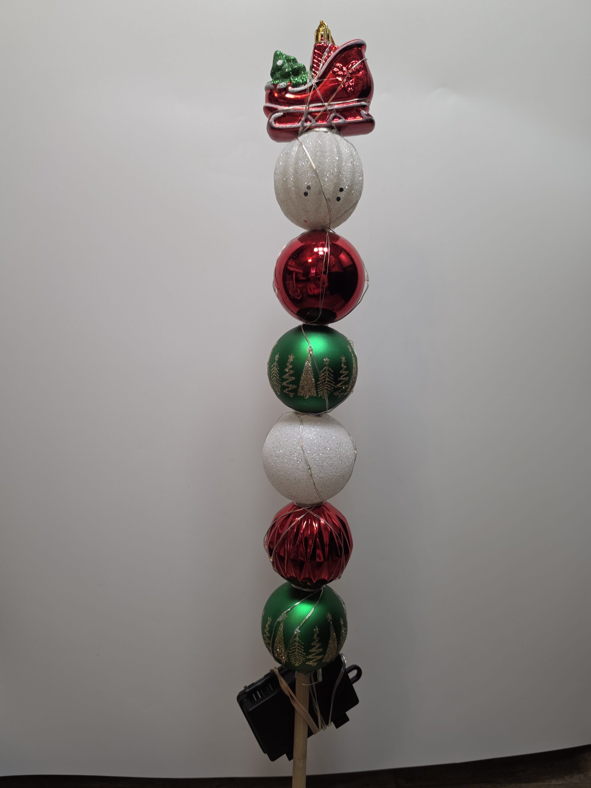 Small Bulb Dowel - red, green & white bulbs with santas sleigh ornament topper - multi-color LED lights