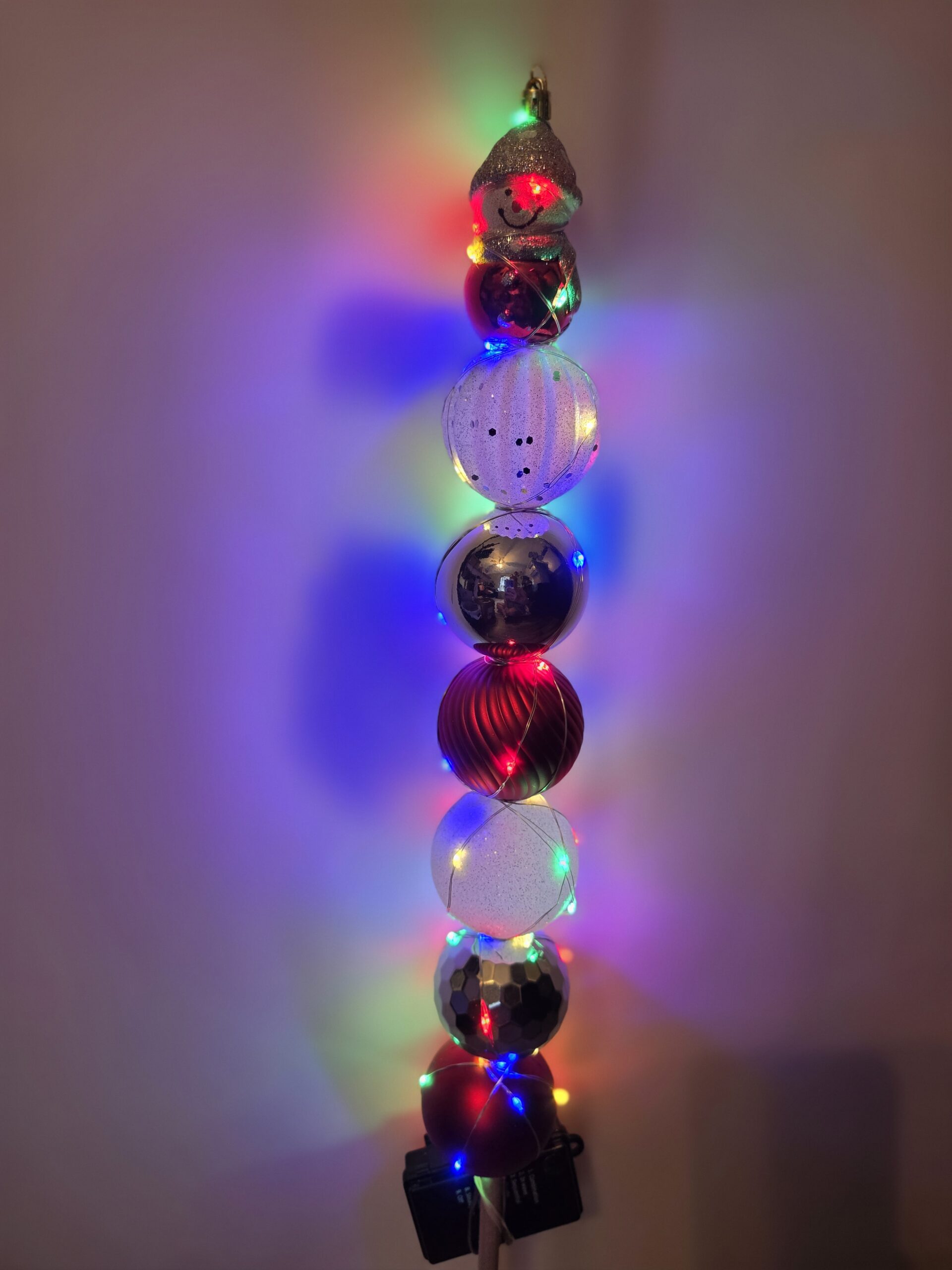 Small Bulb Dowel - red, white & silver bulbs with snowman ornament topper - multi-color LED lights - Image 2