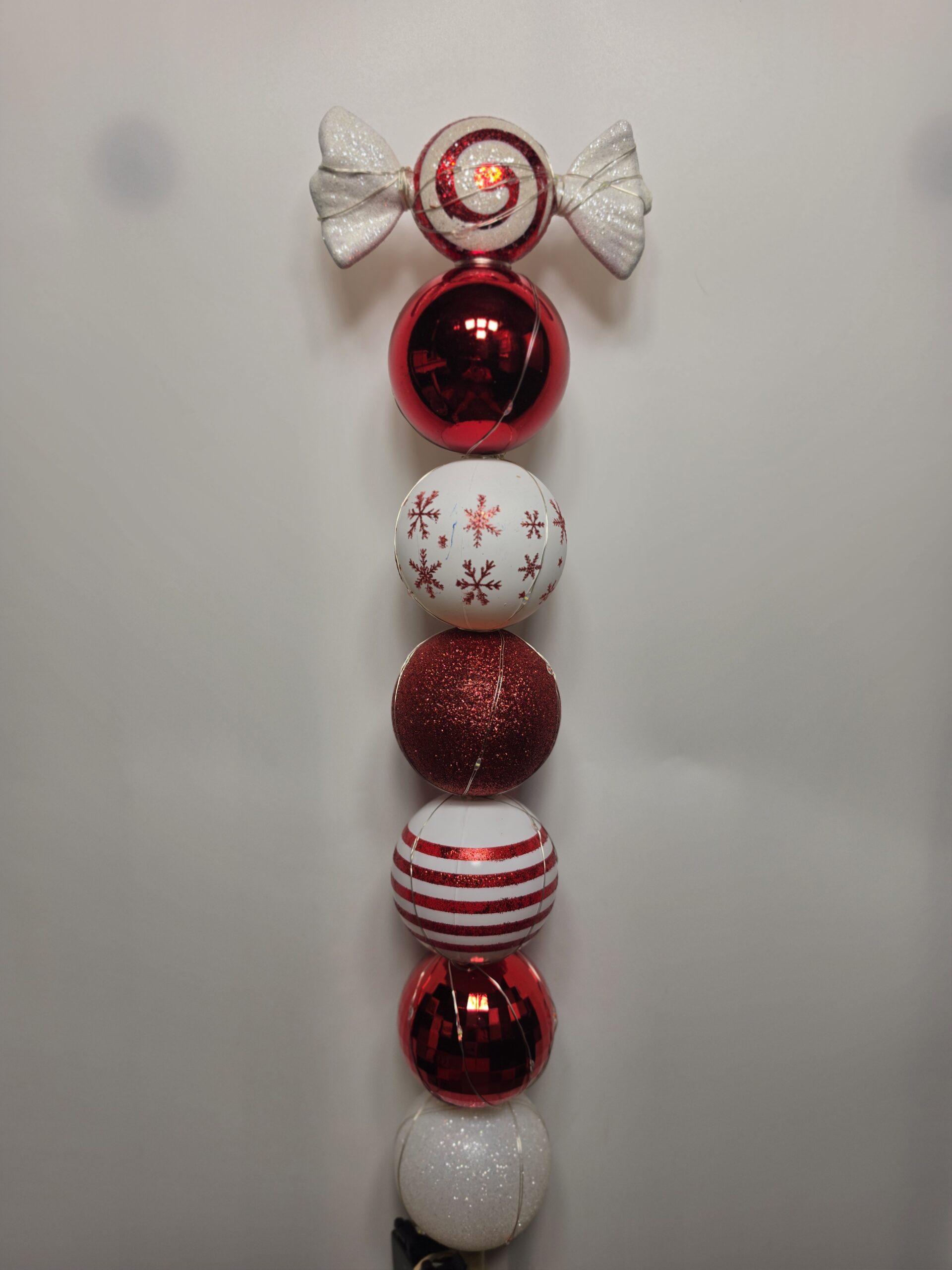 Large Bulb Dowel - red & white bulbs with candy ornament topper - red & white LED lights