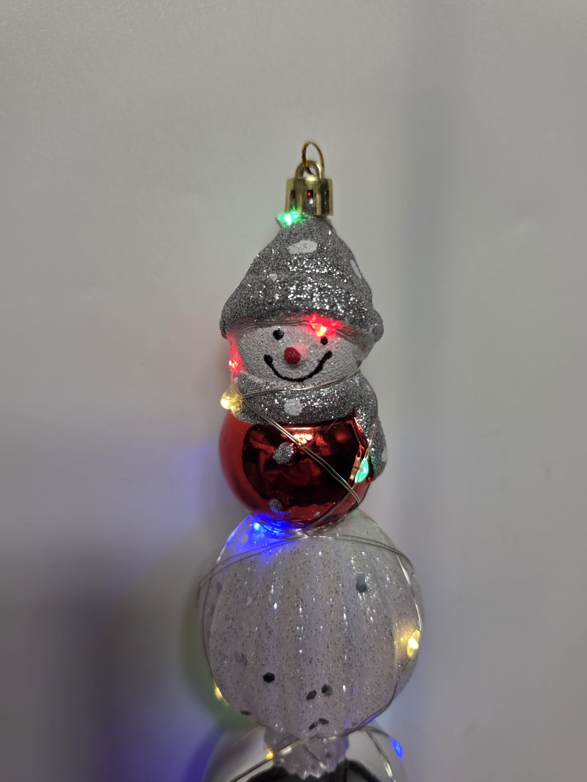 Small Bulb Dowel - red, white & silver bulbs with snowman ornament topper - multi-color LED lights - Image 3