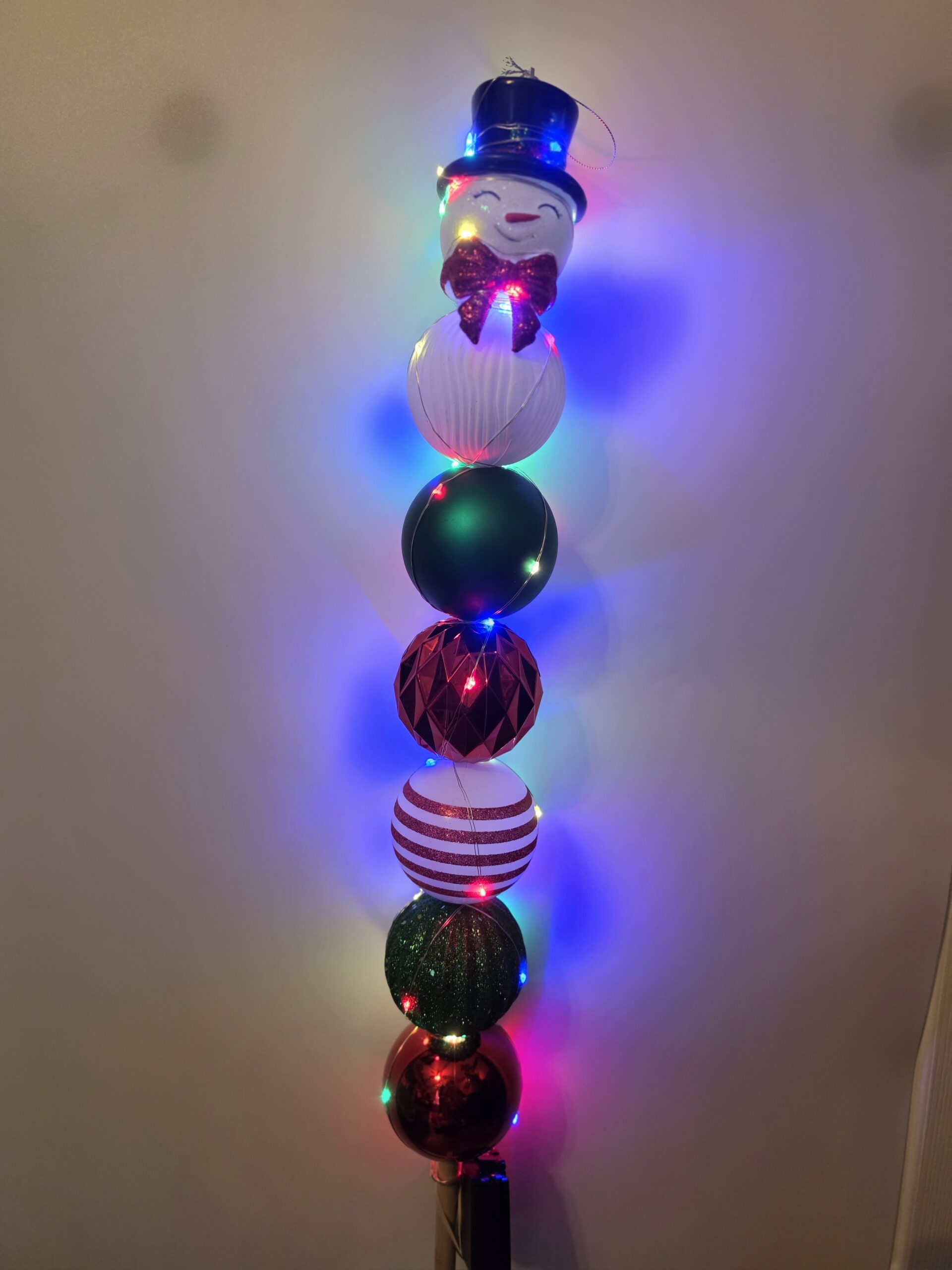 Large Bulb Dowel - red white & green bulbs with snowman ornament topper - multi-color LED lights - Image 2