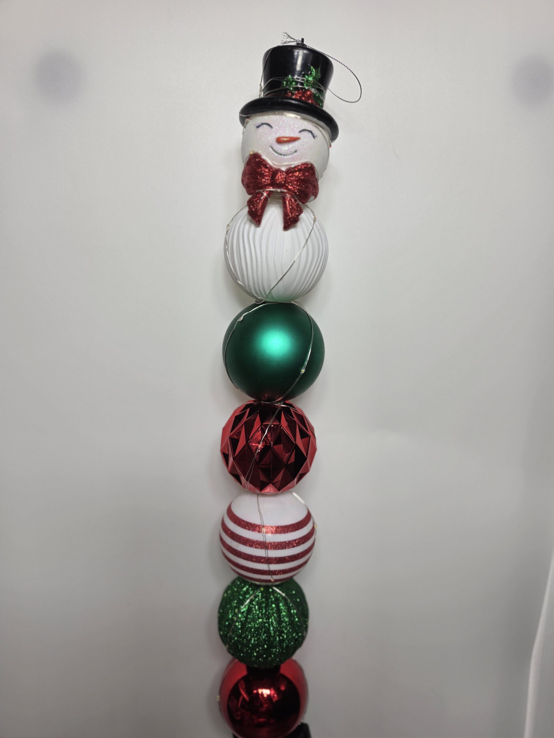 Large Bulb Dowel - red white & green bulbs with snowman ornament topper - multi-color LED lights