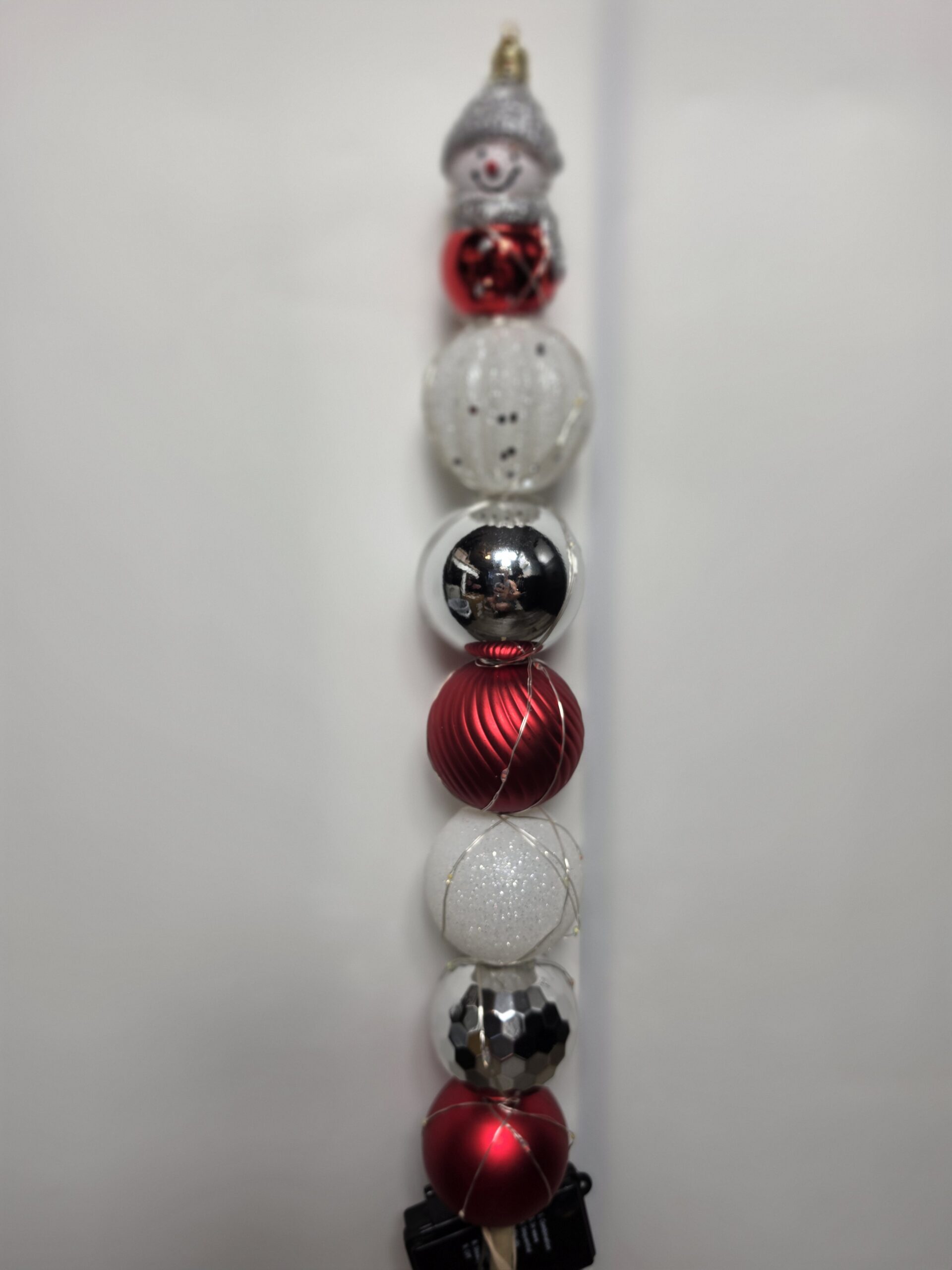 Small Bulb Dowel - red, white & silver bulbs with snowman ornament topper - multi-color LED lights